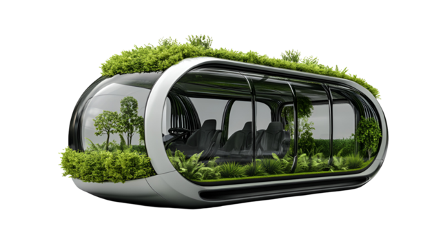 Futuristic eco friendly pod with green roof and interior plants isolated on transparent background