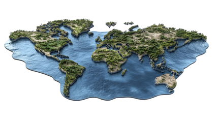 Detailed earth map with continents covered in greenery and oceans isolated on transparent background
