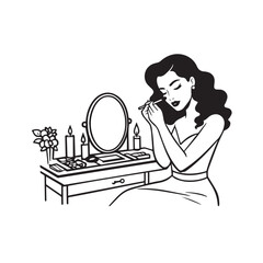 Black and white line art of a beautiful woman doing makeup at dressing table with mirror illustration