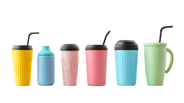 Collection of colorful reusable drink cups with straws isolated on transparent background