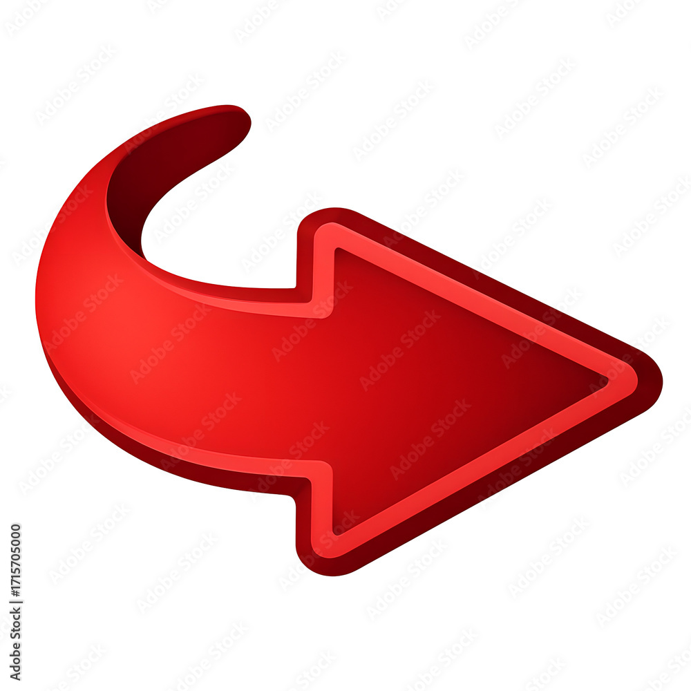 Poster red curved arrow pointing right isolated on transparent background