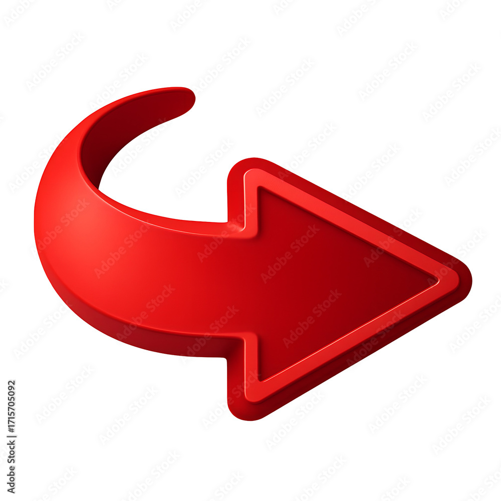 Poster red curved arrow pointing right isolated on transparent background