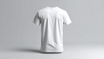Blank white t-shirt displayed from the back on a plain gray background, showcasing its clean design and fabric texture, perfect for mockups and design applications