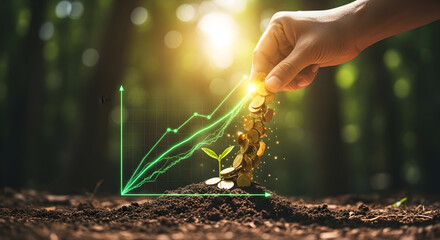 Fototapeta premium Grow your wealth: coins sprout like plants with rising financial graph