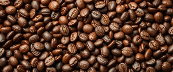 Obraz premium Deep brown roasted coffee beans, close-up texture , breakfast, seeds