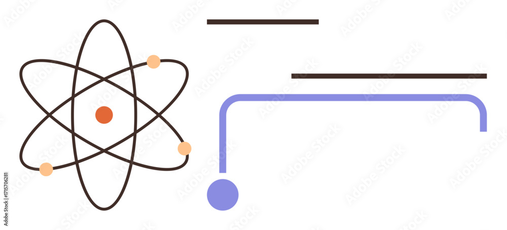 Aufkleber atomic model with orbiting electrons next to a minimalist abstract diagram of lines and nodes. ideal
