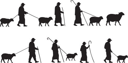 Obraz premium Shepherd, sheep, silhouette, walking, crook, black, vector, icon, livestock, rural, tradition, pasture, animal, motion, nature, farm, coat, hat, companion, agriculture