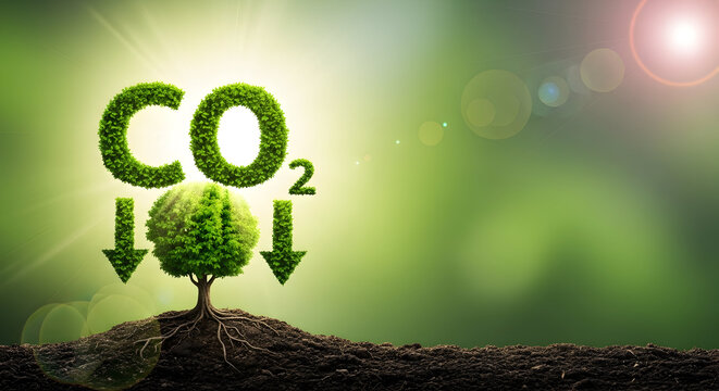 Green CO2 reduction concept with growing tree and downward arrows