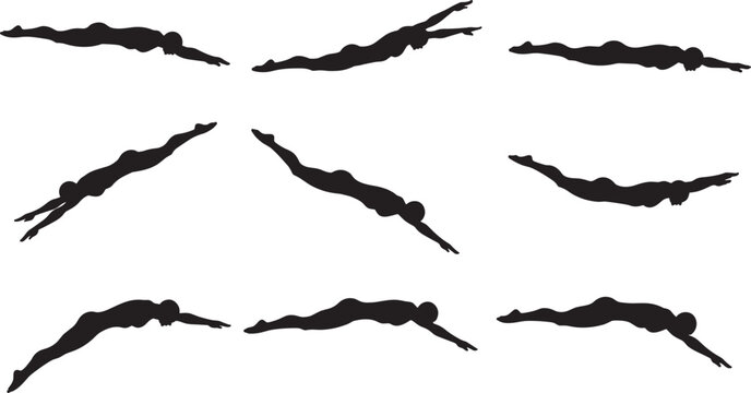 Swimmer, diving, silhouette, motion, posture, black, vector, icon, athletic, water, sport, pool, technique, performance, freestyle, streamlined, dynamic, movement, aquatic, flexibility