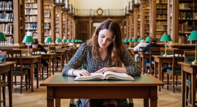 A young woman in a library reading a book.
