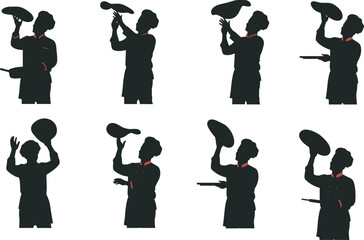 Chef, pizza, dough, toss, silhouette, cooking, black, vector, icon, motion, food, Italian, kitchen, skill, technique, restaurant, culinary, preparation, action, performance