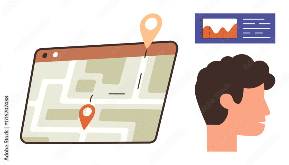 Poster digital map with location pins, user profile silhouette, and data analysis chart. ideal for navigati