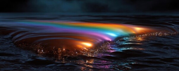 Reflective oil spill from crude barrel concept. Vibrant rainbow reflections on dark water surface at night.