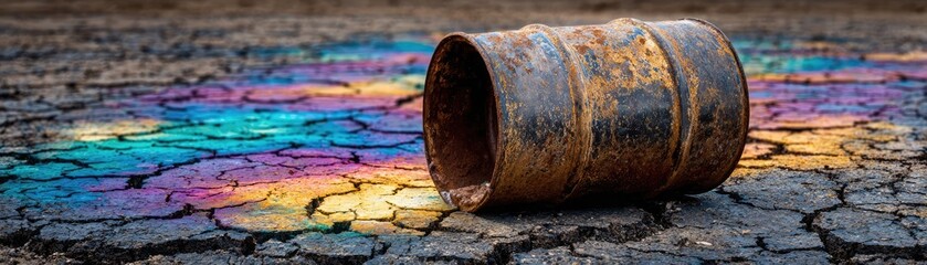 Reflective oil spill from crude barrel concept. An abandoned barrel on cracked earth with vibrant colored paint.