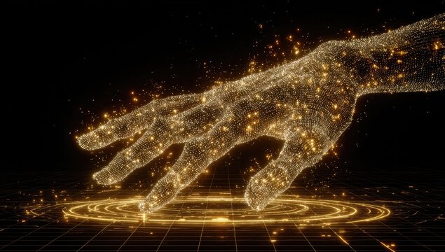A luminous golden hand, composed of particles, reaches down towards a glowing circular portal on a dark gridded surface; sparks trail behind it - Powered by Adobe
