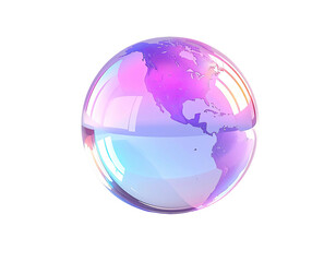 A vibrant, iridescent, translucent globe, subtly depicting Earth's continents, bathed in a mix of pinkish and purplish hues