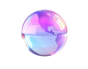 A vibrant, iridescent, translucent globe, subtly depicting Earth's continents, bathed in a mix of pinkish and purplish hues