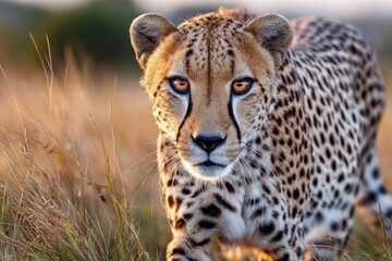 Fototapeta premium Cheetah Staring Intently Through Tall Grass At Sunset