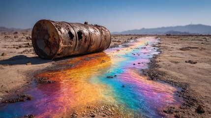 Reflective oil spill from crude barrel concept. Colorful oil spill on desert land with a rusty barrel.