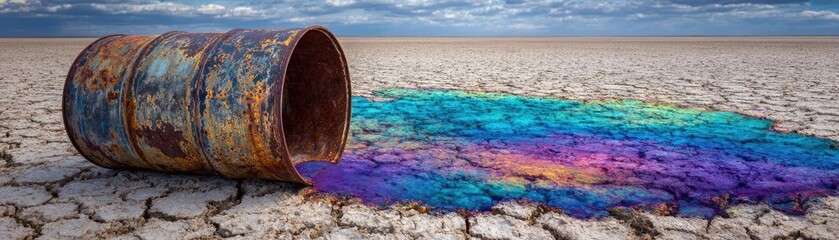 Reflective oil spill from crude barrel concept. An artistic representation of an oil barrel leaking vibrant colors.