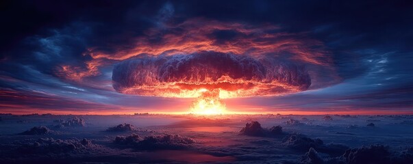 Nuclear explosion with stormy sky shock wave concept. A dramatic scene of a nuclear explosion at sunset over clouds.