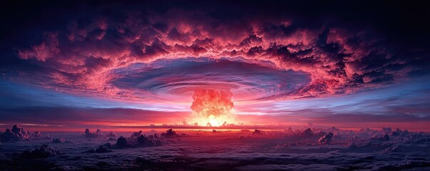 Nuclear explosion with stormy sky shock wave concept. A stunning view of a colorful, dramatic sunset over clouds.