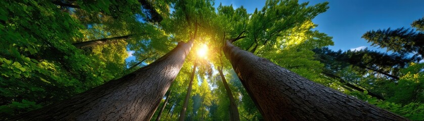 Trees in forest rising toward blue sky concept. A vibrant forest scene with tall trees and sunlight filtering.