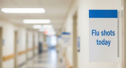 Flu shots today sign in a hospital hallway to promote vaccination campaign