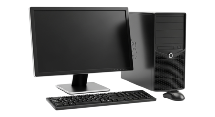 Illustration of desktop computer with monitor, keyboard, and mouse isolated on transparent background