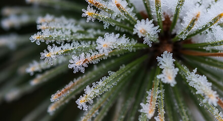 A close up of pine needles covered in frost and ice crystals in a winter scene macro shot