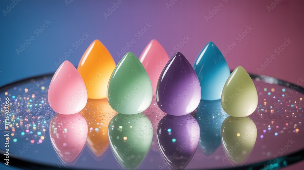 Poster gemstone harmony: a collection of vibrant, teardrop-shaped gemstones arranged on a reflective surfac