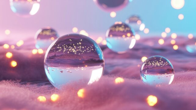 Ethereal Spheres of Wonder: Captivating, otherworldly imagery of shimmering glass orbs floating above fluffy clouds and bathed in soft, iridescent light creating a dreamlike atmosphere. 