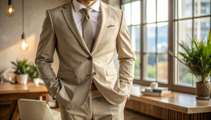 A man in a sharp, light-colored suit stands confidently with hands in pockets, indoors by a window with plants, exuding professionalism and style