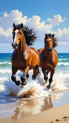 Fototapeta premium Two spirited horses gallop across a sun-drenched beach, their manes flowing in the ocean breeze, as waves crash around their powerful legs.
