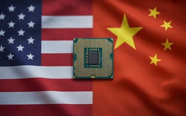 CPU processor symbolizing technology and global power dynamics with American and Chinese flags background