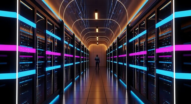 A futuristic server room, bathed in vibrant neon lights, showcases rows of sleek black server cabinets.