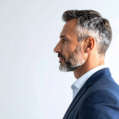 Handsome mature man profile portrait with grey hair and beard in suit