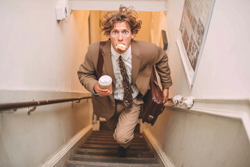 A man in messy business attire and tousled hair rushes up indoor office stairs, carrying a briefcase, holding coffee in one hand and eating bread, capturing a hectic late-for-work moment.