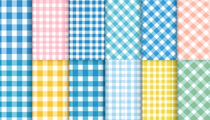 Twelve gingham patterns in various pastel and bright colors arranged in a grid showcase a collection of cheerful, classic designs.
