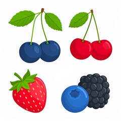 A colorful collection of fresh, ripe berries and cherries including strawberries, raspberries, and blueberries isolated on a white background