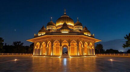 Magnificent Dome Building Illuminated Gold at Night Under a Dark Blue Sky