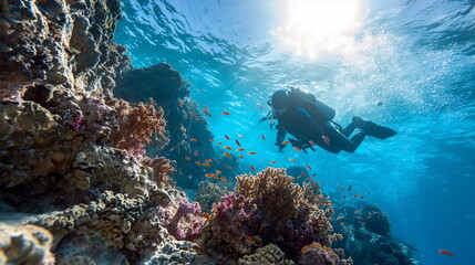 Fototapeta premium A scuba diver glides above a vibrant coral reef, surrounded by colorful fish and sea anemones, sunlight beams piercing clear blue water, creating a serene and magical underwater atmosphere.