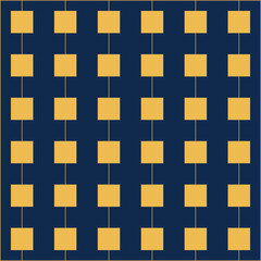 Small gold square shaped decorations hanging on thin gold threads, against a dark navy blue background