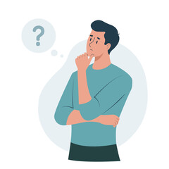 Young man thinking with question marks and hand on chin. Concept of problem-solving, decision-making, puzzled expression, confusion, choices, brainstorming. Flat character vector illustration. 