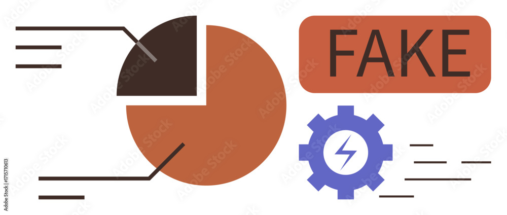 Poster pie chart with labeled segments, fake text block, and gear with lightning bolt. ideal for data analy