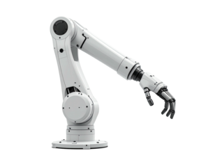 White industrial robot arm with articulated joints and a gripper hand