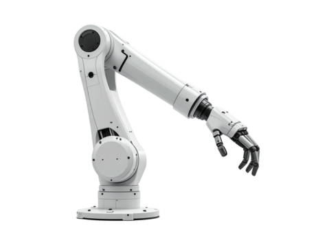 White industrial robot arm with articulated joints and a gripper hand