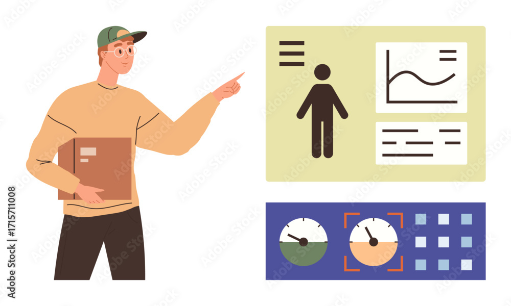 Poster man holding a box and pointing at data dashboard with graphs, charts, and metrics. ideal for busines