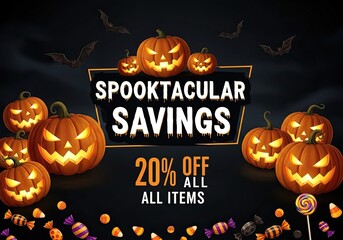 Photo of a spooky halloween sale banner with glowing pumpkins, bats, and candy, advertising 20 off all items, perfect for attracting customers