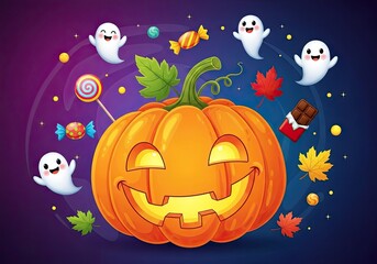 Photo of charming halloween illustration featuring a smiling pumpkin surrounded by friendly ghosts and colorful candies, perfect for festive greetings and delightful holiday designs